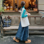 自制日系小众设计感格子半身裙女高腰个性格纹拼接正反两穿a字裙