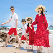 亲子装海边沙滩一家三四口短袖套装母女红色长袖，度假连衣长裙