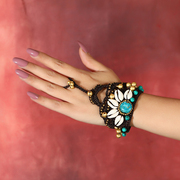 波西米亚复古编织手链女欧美民族风松石铃铛个性手环戒指一体饰品