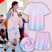 女神高颜值篮球服女粉色套装球衣女，款定制假两件t恤短袖篮球衣夏