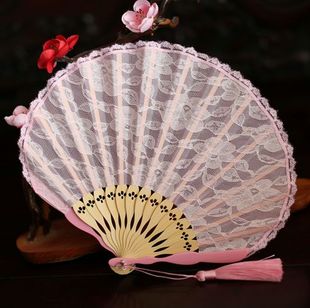 复古风蕾丝女扇贝壳扇中国风旗袍扇子柔美舞台走秀日用扇粉色