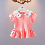 女宝宝夏季短袖t恤洋气夏装，女童纯色上衣，娃娃领婴儿夏天衣服新潮