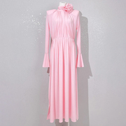 英伦复古风粉色微喇叭袖收腰显瘦连衣裙可拆卸别致花朵宴会裙礼服