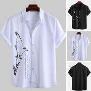 男士大码印花短袖衬衫欧美中国风，民族风水墨画亚马逊男装衬衣218
