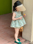 2023女童夏季格子套装绿色小清新色织格子，娃娃衫背心裙短裤两件套