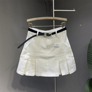 韩国洗水棉白色牛仔，百褶裙2024夏季韩版高腰，防走光包臀短裙女