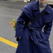 韩国版男装东大门秋冬学生可拆卸斗篷，长款呢料大衣外套