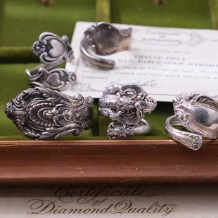 vintage欧洲古董首饰，spoonring老银精雕，手工制银勺男女戒指指环