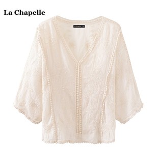 拉夏贝尔lachapelle夏季法式v领刺绣衬衫女蝙蝠袖蕾丝上衣