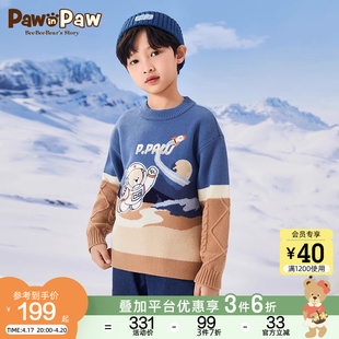 pawinpaw小熊童装，秋冬男童卡通针织，圆领休闲毛衣