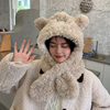 秋冬季韩版小熊帽子围巾一体，女生可爱保暖冬天毛绒围脖套头护耳朵