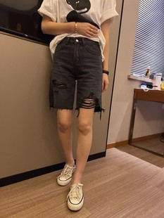 五分牛仔短裤女夏季2023年大码胖mm高腰，薄款宽松阔腿裤中裤子