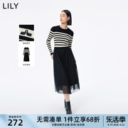 LILY女装气质复古条纹假两件优雅高腰通勤连衣裙简约小黑裙