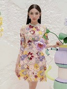 越南小众设计师彩色重工刺绣钉珠小礼服长袖立体花朵连衣裙