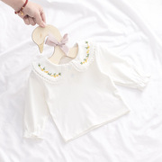 女童打底衫纯棉新生婴儿，t恤长袖宝宝衬衣公主，白色绣花翻领娃娃衫