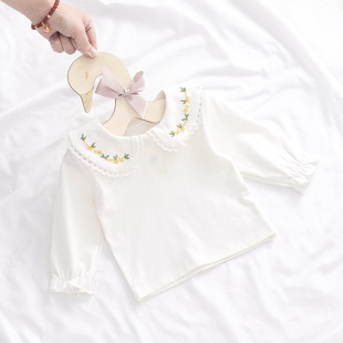 女童打底衫纯棉新生婴儿t恤长袖，宝宝衬衣公主白色绣花翻领娃娃衫