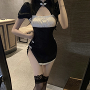 小心机复古性感大露背泡泡袖撞色开叉，超短收腰显瘦改良旗袍连衣裙
