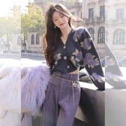 秋冬搭配一整套盐系名媛高级感小香风紫色，针织毛衣裤子两件套装女