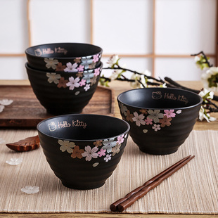 hellokitty日式樱花碗单人陶瓷吃饭碗，家用小号饭碗碟盘子餐具套装