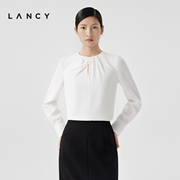 lancy朗姿2024春季真丝，白衬衫通勤设计感法式捏褶套头上衣女