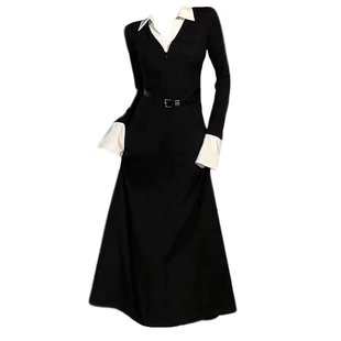 大码胖MM设计感长袖polo领黑色假两件连衣裙女秋冬显瘦收腰长裙子
