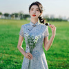 蓝色蕾丝连衣裙女装中国风复古小个子内搭盘扣裙子新中式改良旗袍