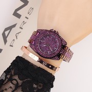 手表个性时尚潮流镶钻满钻钢带表诗威蒙紫色女