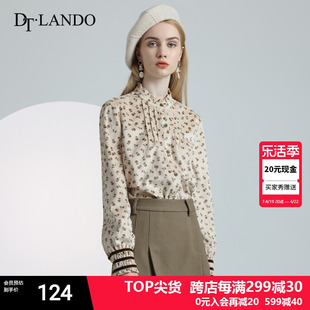 自由通勤dtlando秋冬立领衬衫，女长袖半高领，法式复古碎花衬衣