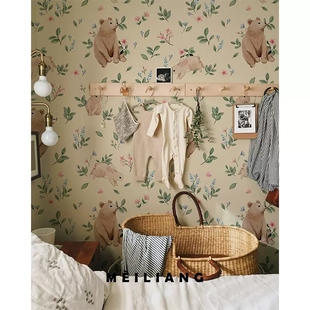 美式小熊兔子美式碎花儿童，房壁纸复古风法式墙纸男孩女孩卧室墙布