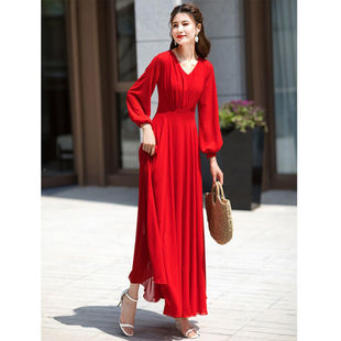 极速大红色雪纺沙滩裙超长款春季连衣裙海边度假长袖大摆超仙