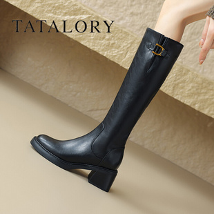 tatalory女靴真皮不过膝粗跟长筒靴，女骑士靴，秋冬显瘦高筒长靴子