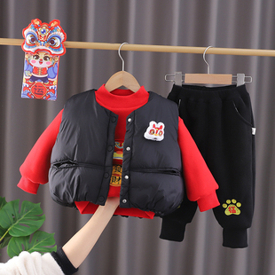 儿童唐装拜年服冬季加厚三件套男童红色新年衣服，婴儿宝宝喜庆套装
