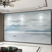 新中式3d立体蓝色水墨山水画，电视背景墙壁纸客厅壁布装饰墙布壁画