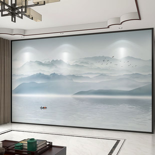 新中式3d立体蓝色水墨山水画电视，背景墙壁纸客厅，壁布装饰墙布壁画