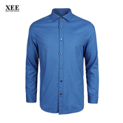 xee商场同款蓝色暗扣领修身商务，休闲长袖衬衫，春季纯色棉麻衬衣男