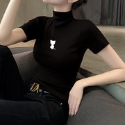 短袖t恤女2024黑色半高领打底衫薄款内搭设计感少女短款上衣