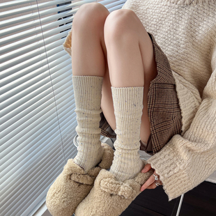 米白色小腿袜女加厚秋冬款棉烟，灰色中筒袜卡其色竖条纹堆堆袜子