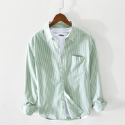 高级感浅绿色条纹衬衫男长袖时尚，潮流衬衣春休闲纯棉寸衫复古上衣