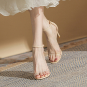 白色一字带凉鞋女2023夏季法式细跟透明仙女风气质露趾高跟鞋
