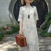 念江南重磅气质苎麻，刺绣连衣裙女中国风复古立领斜襟改良旗袍裙