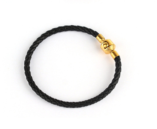 4mm皮绳手链DIY可穿3D硬金替换黄金转运珠真皮编织手绳黑色绳