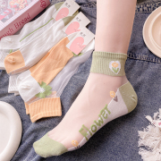 袜子女春夏透气吸汗棉底浅口短袜甜美绿色小花外穿水晶丝玻璃丝袜