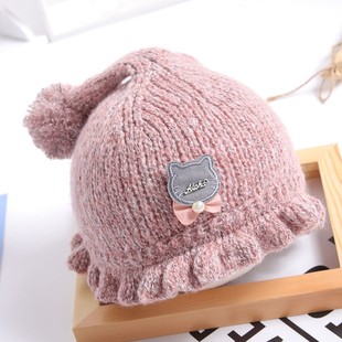针织帽子秋冬3-6-15个月女宝宝帽子公主帽婴儿帽婴幼儿毛线纯棉帽