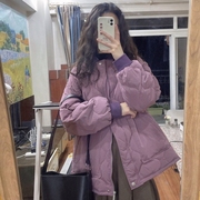 紫色棉服女中长款冬季2024年韩版宽松学生加厚学院，风棉袄外套