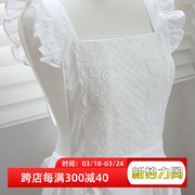 韩国进口白色荷叶边花朵棉蕾丝百褶背心式围裙纯棉无休工作家居服