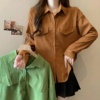 韩国牛油果绿中长款灯芯绒，衬衫女2024秋冬加厚双口袋衬衣外套