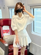 欧货设计感假两件polo领白色长袖衬衫连衣裙，女夏季收腰显瘦百褶裙