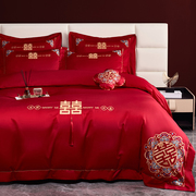 新中式婚庆四件套100s长绒棉刺绣，大红色被套陪嫁结婚床单床上用品