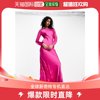 香港直邮潮奢asos女士设计缎面长袖蕾丝，嵌花玫红色粉色长款连衣