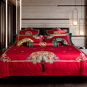 中式100支长绒棉新婚庆四件套 大红刺绣结婚床上用品喜被八十件套
